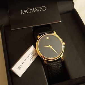 NIB Movado Black Leather Watch